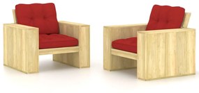 Cadeiras jardim 2 pcs c/ almofadões vermelhos pinho impregnado