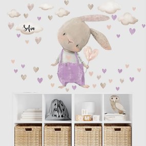 Autocolante para menina - Coelhinho roxo com corações e nome