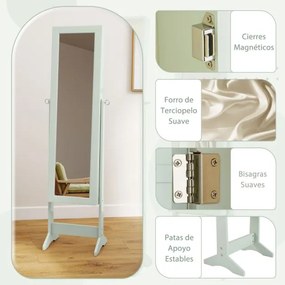 Armário para joias com espelho de corpo inteiro  35 x 30 x 144 cm e 3 ângulos ajustáveis Organizador de joias 2 em 1 Verde