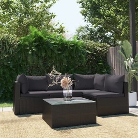 5 pcs conjunto lounge de jardim c/ almofadões vime PE preto