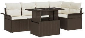 Conjunto de Sofá para Jardim de 6 Peças com Almofadas Vime PE Castanho