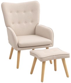 Poltrona com Apoio para Pés Poltrona de Leitura com Capitonê Pés de Madeira e Revestimento em Linho 70x72x94 cm Bege