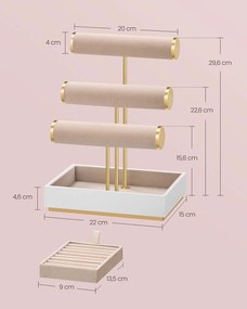 Porta-joias com três suportes  para pulseiras e um suporte removível para anéis 15 x 22 x 29,6 cm Branco- Castanho-camelo