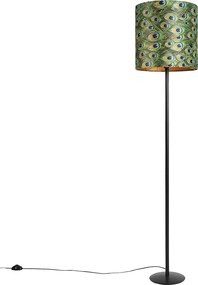Candeeiro de pé preto com abajur de veludo pavão dourado 40 cm - Simplo