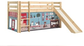 Cama alta de Criança PINO 90 x 200 cm + estrado + escada + escorrega + cortina Animais Natural