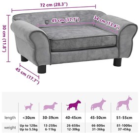 Sofá para cães 72x45x30 cm pelúcia cinzento