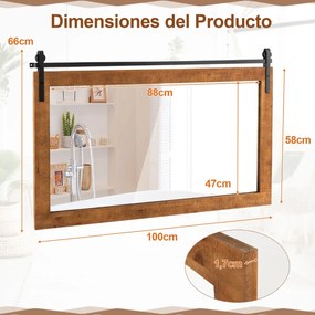 Espelho de parede estilo fazenda 100 x 66 cm com moldura em madeira maciça e suporte castanho