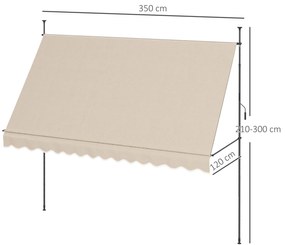 Toldo Manual Retrátil com Manivela 350x120x210-300 cm com Altura Ajustável Impermeável para Jardim Varanda Areia