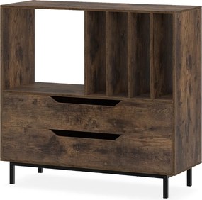 Suporte para gira-discos e para discos de vinil 91 x 36 x 87 cm com compartimento aberto 4 prateleiras e 2 gavetas e pés de metal castanho