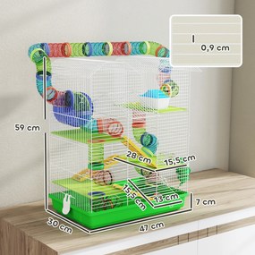 Gaiola para hamsters, ratos e pequenos roedores com túnel, comedouro, roda e brinquedo – 47 x 30 x 59 cm – verde