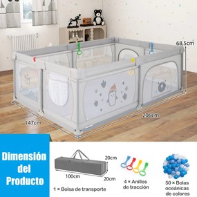 Parque infantil 206 x 147 x 68,5 cm com padrão Pinguim Tapete Centro de atividades Atóxico Bolas Transpirável Fecho de correr Cinza