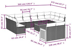 13 pcs conjunto sofás p/ jardim c/ almofadões vime PE cinzento