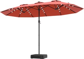 Guarda-sol duplo 460 x 285 cm com 48 luzes LED, 3 aberturas de ventilação, 12 varas, base e manivela para jardim, terraço e piscina – Laranja