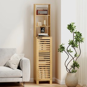 Coluna Casa de Banho de Bambu com 3 Prateleiras Abertas Portas de Ripas Prateleiras Ajustáveis 34x30x170 cm Madeira