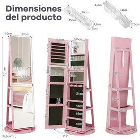 Armário joias giratório 360° com luzes LED Espelho de corpo inteiro Prateleiras de armazenamento 54,5 x 161 cm Rosa