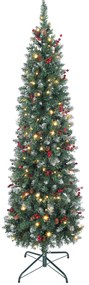 Árvore de Natal Slim 180 cm com Luzes LED 8 Modos de Iluminação 461 Ramos com Purpurina Prateada Pinhas e Bagas Verde