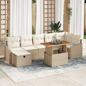 Conjunto de Sofá de Jardim 8 Peças com Almofadas Bege Rattan Poliéster