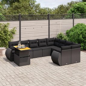 vidaXL 10 pcs conjunto sofás de jardim c/ almofadões vime PE preto