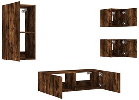 4 pcs móveis de parede para TV com luzes LED carvalho fumado