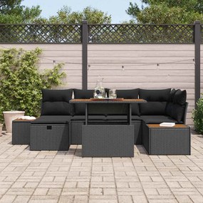 Conjunto de Sofá de Jardim 7 Peças com Almofadas de Rattan Preto em Po