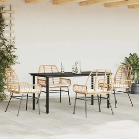 Conjunto jantar jardim 5 peças almofadas vidro vime PE castanho
