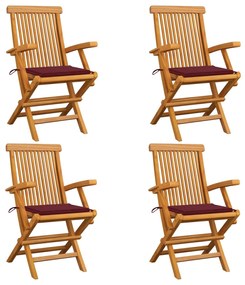 Cadeiras jardim c/ almofadões vermelho tinto 4 pcs teca maciça
