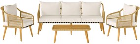 Outsunny Conjunto Jardim Vime Almofadas Móveis Exterior Poltronas Sofá 3 Lugares Mesa Design Moderno Creme Madeira | Aosom Portugal