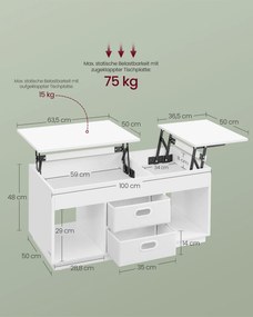 Mesa de centro com 2 gavetas e compartimentos 50 x 100 x 48 cm/62,3 cm Branca