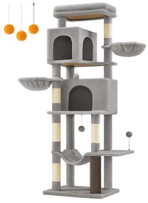 Árvore grande para gatos Feandrea, torre para gatos com 175 cm de altura, condomínio para gatos de vários níveis com 2 cavernas, 2 cestos, 5 arranhadores, autolimpante, poleiro, rede, para gatos de interior, cinza-pomba PCT182G01