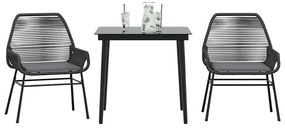 3 pcs conjunto jantar jardim almofadões vime PE vidro preto