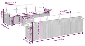 9 pcs conjunto sofás p/ jardim com almofadões vime PE cinzento