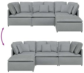 Sofá modular com pufes e almofadas tecido cinzento-claro