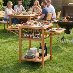 Mesa jardim de churrasco 124,5 x 60 x 89,5 cm em madeira de acácia com tabuleiros laterais dobráveis e estantes de arrumação para festas de churrasco