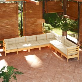 vidaXL 8 pcs conjunto lounge jardim c/ almofadões creme pinho maciço