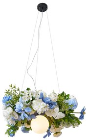 Candeeiro de teto boémio preto com flores coloridas azuis e brancas - Flower Power Boêmio