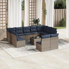 vidaXL 12 pcs conjunto sofás p/ jardim c/ almofadões vime PE cinzento