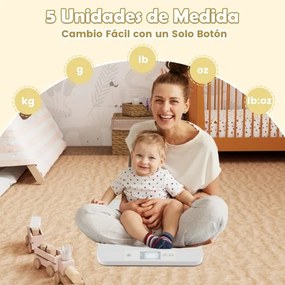 Balança digital para bebés 61 cm x 33 cm x 8 cm com bandeja removível para medir o peso e a altura com 5 unidades, desligamento automático e ecrã LED