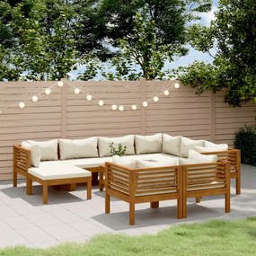 vidaXL 10 pcs conjunto lounge jardim c/ almofadões creme acácia maciça