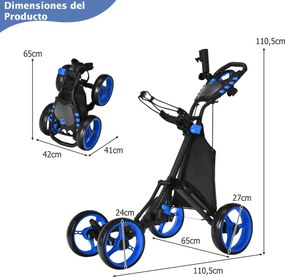 Carrinho de golfe dobrável, leve e de 4 rodas, com saco impermeável e travão de pé, suporte ajustável para guarda-chuva e copo - Azul