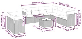 10 pcs conj. sofás jardim com almofadões vime PE cinzento-claro