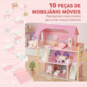 Casa de Bonecas de Madeira com 3 Andares, Varanda, Escadas e 10 Móveis, Brinquedo de Faz de Conta para Crianças 3-6 Anos, Rosa