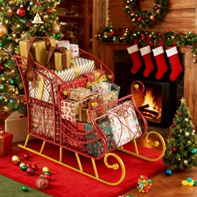 Cesto de Natal em Metal desenho Trenó de 2 Níveis para Presentes do Pai Natal Carrinho Trenó Decorativo Decoração Natal Vermelho