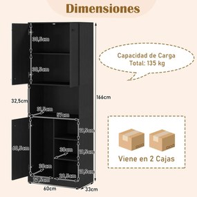 Armário de Cozinha para despensa 166 cm de altura e suporte para micro-ondas com portas e prateleiras Preto