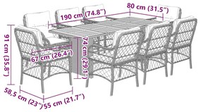 9 pcs conjunto de jantar p/ jardim c/ almofadões vime PE preto