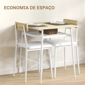 Conjunto de Refeição de 3 Peças Conjunto 1 Mesa 70x70x75 cm e 2 Cadeiras 40x50x80 cm com Prateleira de Armazenamento Branco e Madeira