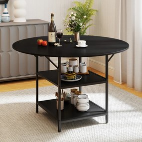 Mesa de Jantar Redonda 120 CM para 4-6 Pessoas de Cozinha Estilo Rústico com Estante Aberta de 2 Níveis Estrutura Metálica Preta