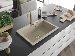 Mexen Elix lavatório de cozinha em granito de 1 cuba 700 x 500 mm, bege, sifão dourado - 6526701005-69-G
