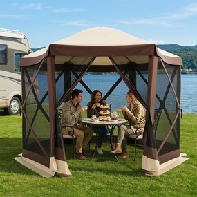 Tenda de Jardim Hexagonal Dobrável, 300 x 258 x 230 cm, Montagem Rápida, Castanho
