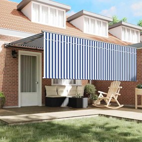 Toldo Retrátil Manual Listras Azuis e Brancas 400 × 300 cm