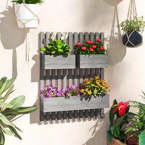 Floreira de parede 60 x 16 x 80 cm para horta com 3 vasos removíveis em madeira maciça, tecido não tecido, cinzento
